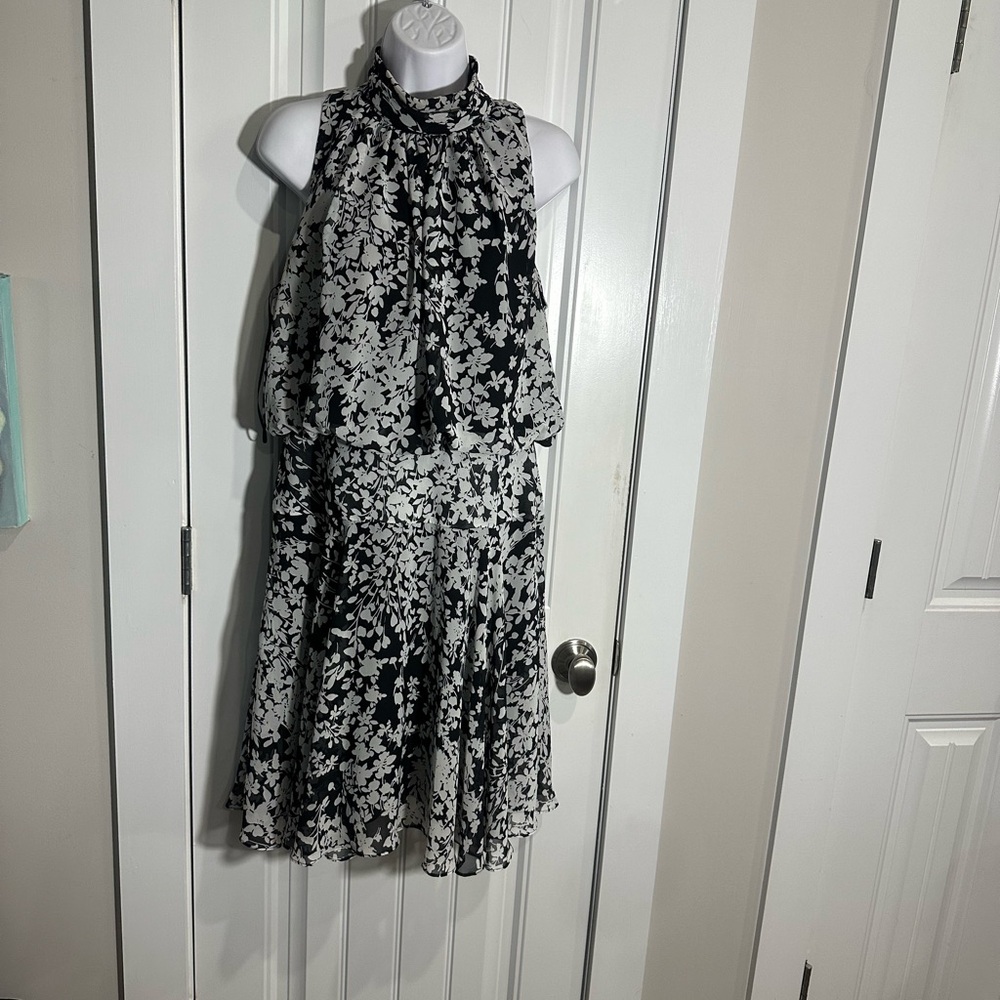 JUST TAYLOR Black and White Floral Halter Dress, Size 12
